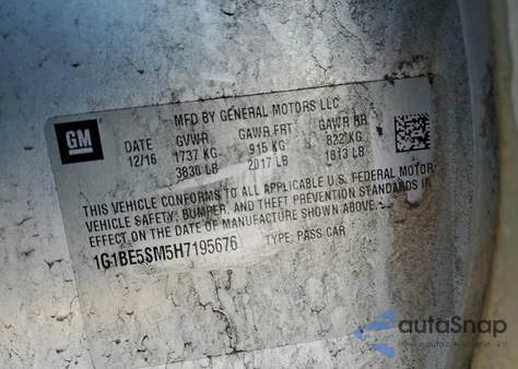 2017 Chevrolet Cruze Lt z USA, uszkodzony, nr VIN 1G1BE5SM5H7195676